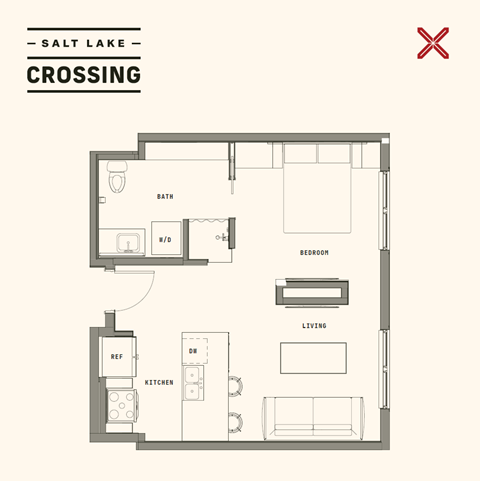 Floor plan for 1 bed, 1 bath, 535 sqft